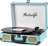 Retrolife Türkiz hordozható lemezjátszó Bluetooth 33/45/78 RPM beépített hangszóró RCA line out AUX fejhallgató kimenettel 1