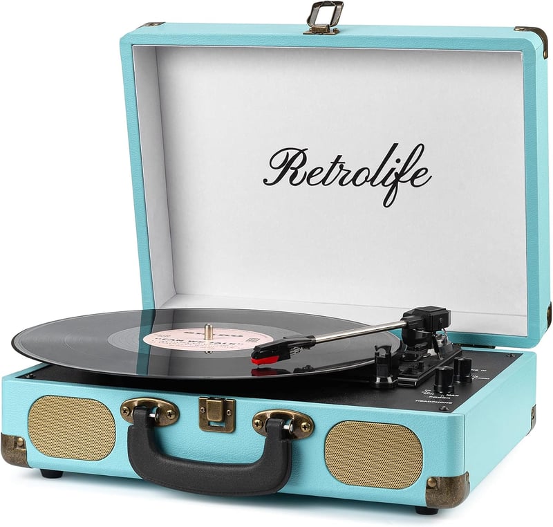 Retrolife Türkiz hordozható lemezjátszó Bluetooth 33/45/78 RPM beépített hangszóró RCA line out AUX fejhallgató kimenettel