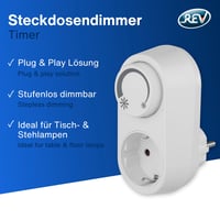 REV EMD201 Zásuvkový stmievač – pre LED, žiarovkové a halogénové svetlá, 3-200 W, biely, Plug and Play, s otočným vypínačom 2