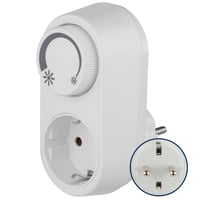 REV EMD201 Zásuvkový stmievač – pre LED, žiarovkové a halogénové svetlá, 3-200 W, biely, Plug and Play, s otočným vypínačom 1