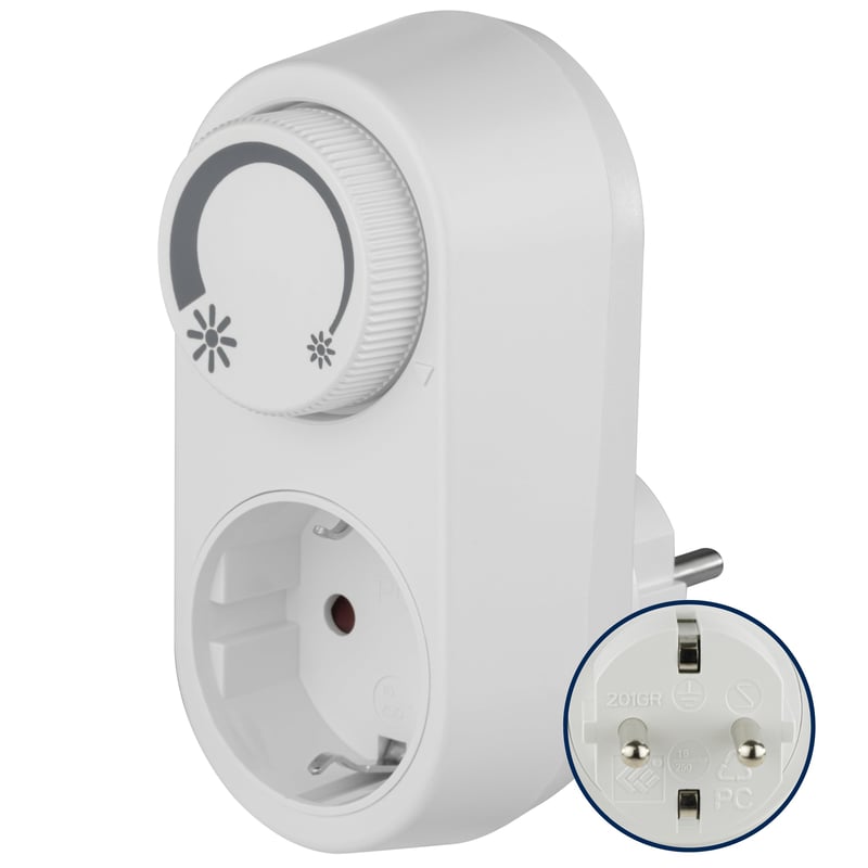 REV EMD201 Zásuvkový stmievač – pre LED, žiarovkové a halogénové svetlá, 3-200 W, biely, Plug and Play, s otočným vypínačom