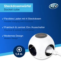 Cub prelungitor REV PowerGlobe cu întrerupător, cablu 1,4 m, 3500 W, alb-negru 2