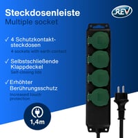 REV Viaczásuvkový predlžovací kábel, 4 zásuvky, IP44, vonkajší, 1,4 m, max. 3680 W, do záhrady a na terasu, čierno-zelený 2