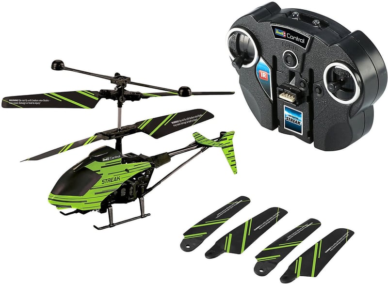 RC helikoptéra Revell Control 23829 Streak – 2-kanálové IR diaľkové ovládanie, gyroskop, efekt svietenia v tme, na vnútorné použitie, zelená/čierna, 15 cm