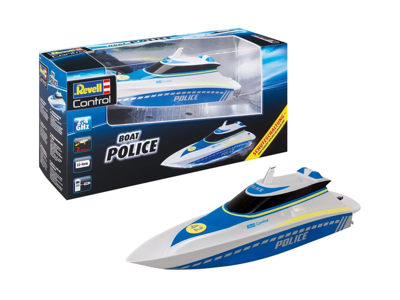RC policajný čln Revell Control 24138, 2,4 GHz, diaľkovo ovládaný čln s 2 elektromotormi a Li-Ion batériou, 34,5 cm, pre deti aj dospelých