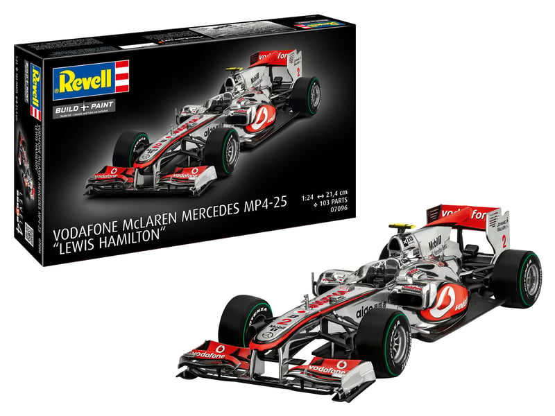 Model auta Revell Vodafone McLaren Mercedes MP4-25 L. Hamilton, strieborná stavebnica pretekárskeho auta