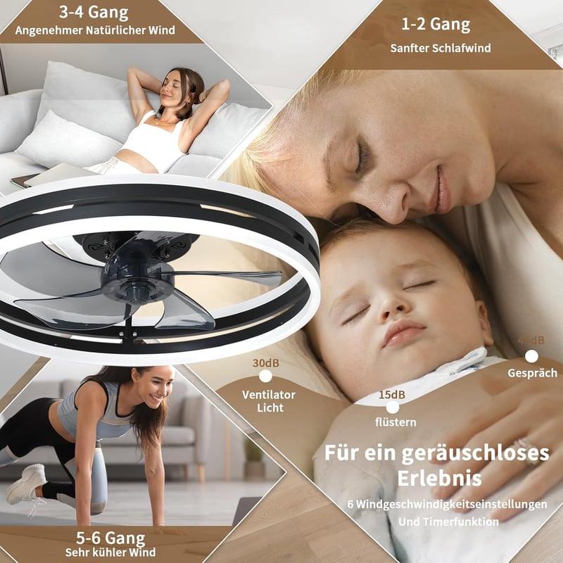 Revneey Csendes Mennyezeti Ventilátor Lámpa 50W Dimmelhető Távirányítóval és App Vezérléssel