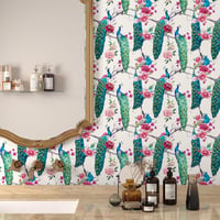 ReWallpaper Öntapadós Tapéta 44,5cm×12m - Vintage Zöld Páva Mintás Vízálló Faliborítás Fürdőszobába, Konyhába, Folyosóra - Bézs Virágos PVC  2
