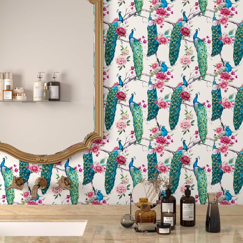 ReWallpaper Öntapadós Tapéta 44,5cm×12m - Vintage Zöld Páva Mintás Vízálló Faliborítás Fürdőszobába, Konyhába, Folyosóra - Bézs Virágos PVC 