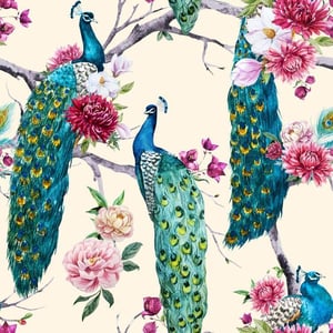 ReWallpaper Öntapadós Tapéta 44,5cm×12m - Vintage Zöld Páva Mintás Vízálló Faliborítás Fürdőszobába, Konyhába, Folyosóra - Bézs Virágos PVC