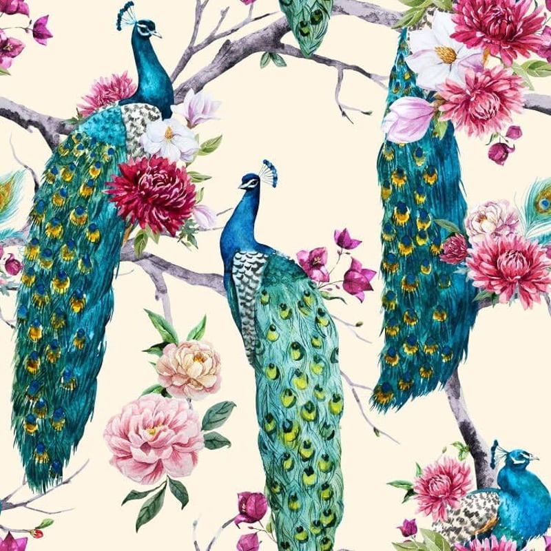 ReWallpaper Öntapadós Tapéta 44,5cm×12m - Vintage Zöld Páva Mintás Vízálló Faliborítás Fürdőszobába, Konyhába, Folyosóra - Bézs Virágos PVC 
