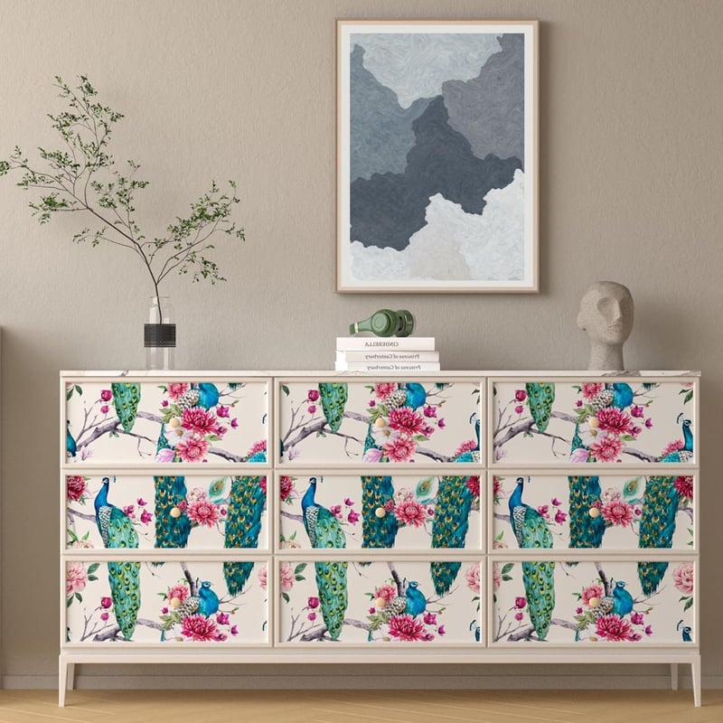 ReWallpaper Öntapadós Tapéta 44,5cm×12m - Vintage Zöld Páva Mintás Vízálló Faliborítás Fürdőszobába, Konyhába, Folyosóra - Bézs Virágos PVC 