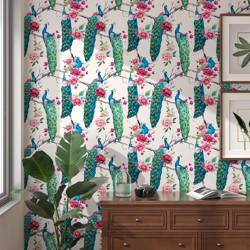 ReWallpaper Öntapadós Tapéta 44,5cm×12m - Vintage Zöld Páva Mintás Vízálló Faliborítás Fürdőszobába, Konyhába, Folyosóra - Bézs Virágos PVC 