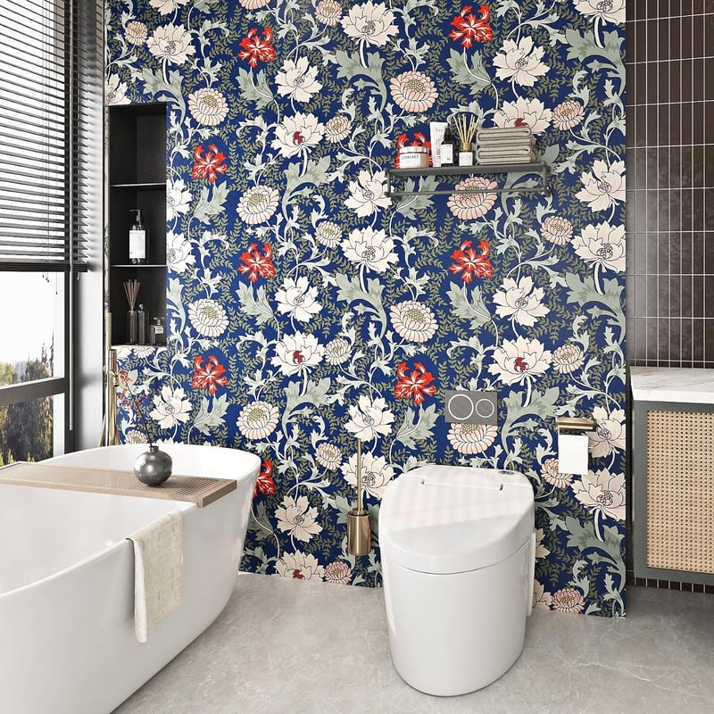 ReWallpaper Vintage kék virágos öntapadós tapéta 44,5 cm x 7 m zöld leveles mintával, fürdőszobába vízálló fólia bútorra