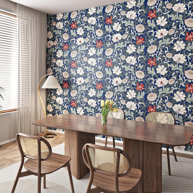 ReWallpaper Vintage kék virágos öntapadós tapéta 44,5 cm x 7 m zöld leveles mintával, fürdőszobába vízálló fólia bútorra
