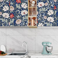 ReWallpaper Vintage kék virágos öntapadós tapéta 44,5 cm x 7 m zöld leveles mintával, fürdőszobába vízálló fólia bútorra 6