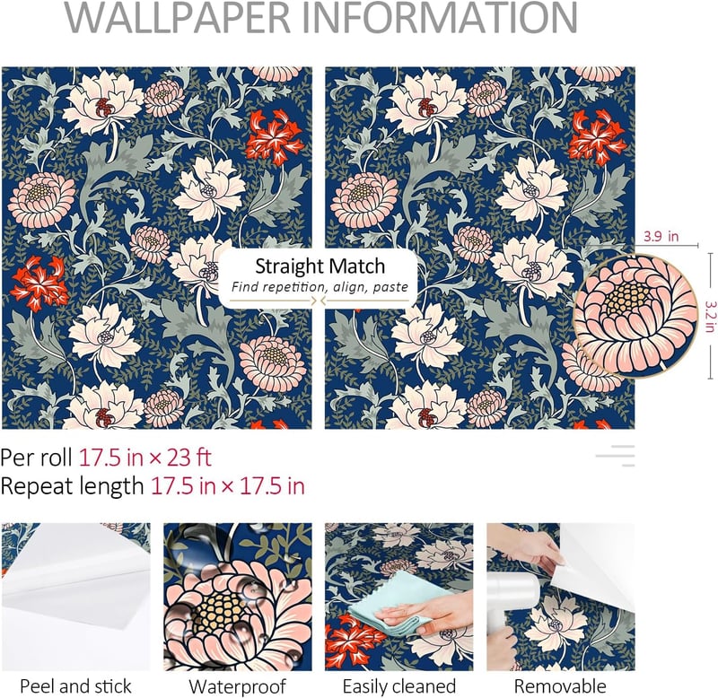 ReWallpaper Vintage kék virágos öntapadós tapéta 44,5 cm x 7 m zöld leveles mintával, fürdőszobába vízálló fólia bútorra