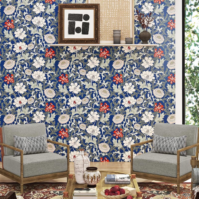 ReWallpaper Vintage kék virágos öntapadós tapéta 44,5 cm x 7 m zöld leveles mintával, fürdőszobába vízálló fólia bútorra
