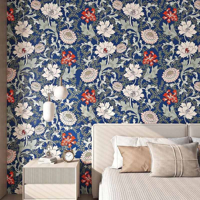 ReWallpaper Vintage kék virágos öntapadós tapéta 44,5 cm x 7 m zöld leveles mintával, fürdőszobába vízálló fólia bútorra
