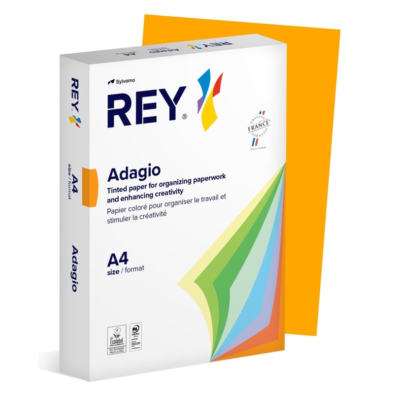 Farebný kopírovací papier REY ADAGIO, oranžový, A4, 80 g/m², 500 listov, s certifikáciou PEFC, na použitie v kancelárii a škole