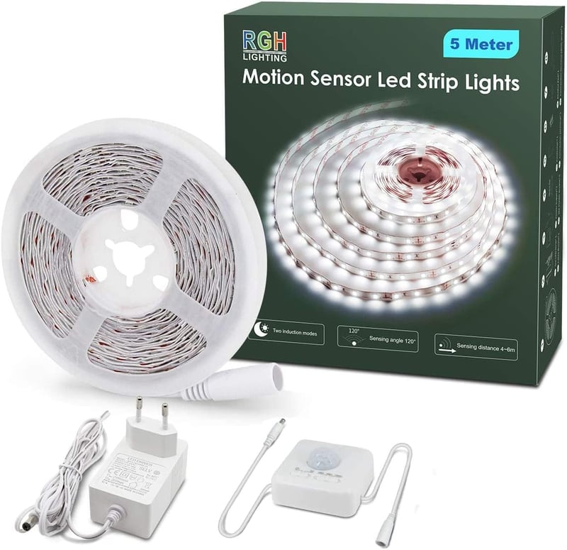 RGH LIGHTING 5m LED szalag mozgásérzékelővel, hideg fehér 6000K, öntapadós, időzítővel