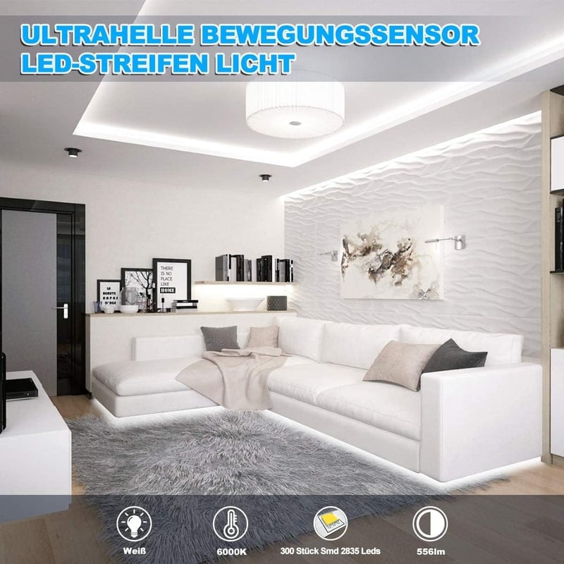 RGH LIGHTING 5m LED szalag mozgásérzékelővel, hideg fehér 6000K, öntapadós, időzítővel