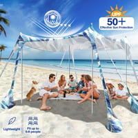 Rhino Valley 10 x 10 FT Strandtátor UPF50+ Napvédő Sátor, Fehér Kék Levél Mintás, UV Szűrős Árnyékoló Kerti Kemping Shelter 3