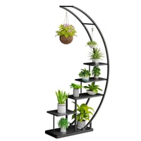 Suport pentru plante Ribelli cu 5 etaje, din metal negru, formă de semilună, 172 cm, cu 5 polițe, cârlige și sistem de ancorare, pentru balcon și terasă 1