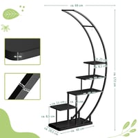 Suport pentru plante Ribelli cu 5 etaje, din metal negru, formă de semilună, 172 cm, cu 5 polițe, cârlige și sistem de ancorare, pentru balcon și terasă 7