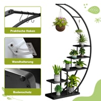 Suport pentru plante Ribelli cu 5 etaje, din metal negru, formă de semilună, 172 cm, cu 5 polițe, cârlige și sistem de ancorare, pentru balcon și terasă 5
