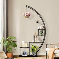 Suport pentru plante Ribelli cu 5 etaje, din metal negru, formă de semilună, 172 cm, cu 5 polițe, cârlige și sistem de ancorare, pentru balcon și terasă 2