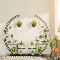 Suport pentru plante Ribelli cu 5 etaje, din metal negru, formă de semilună, 172 cm, cu 5 polițe, cârlige și sistem de ancorare, pentru balcon și terasă 3