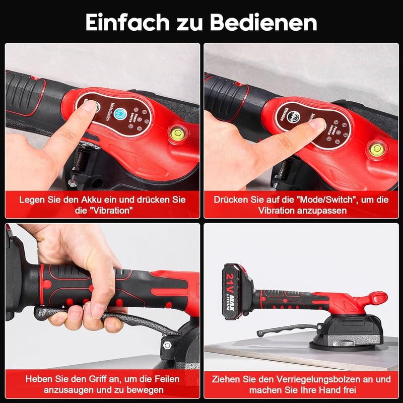 Ricyea 21V-os Csempevibrációs Készülék 5 Sebességgel, 130mm Tapadókoronggal, 0,2-1,2m Csempékhez, Fali Burkolatokhoz - 2 Akkumulátorral és T