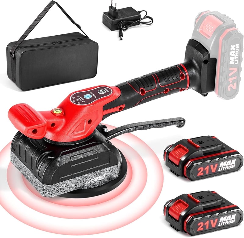 Ricyea 21V-os Csempevibrációs Készülék 5 Sebességgel, 130mm Tapadókoronggal, 0,2-1,2m Csempékhez, Fali Burkolatokhoz - 2 Akkumulátorral és T