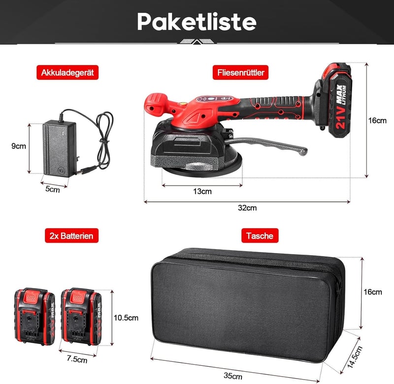 Ricyea 21V-os Csempevibrációs Készülék 5 Sebességgel, 130mm Tapadókoronggal, 0,2-1,2m Csempékhez, Fali Burkolatokhoz - 2 Akkumulátorral és T