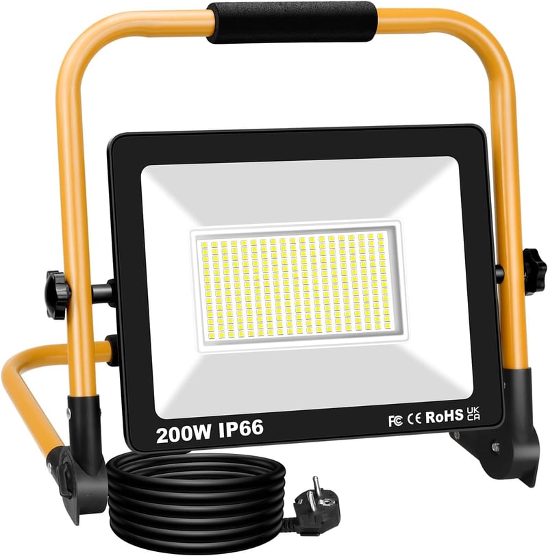 RIGIDON 200W LED Munkalámpa, 20000 Lumen, Hordozható, IP66 Vízálló, 6000K Fehér Fény, 140° Szögű Reflektor Műhelyhez, Építkezéshez, Garázsba