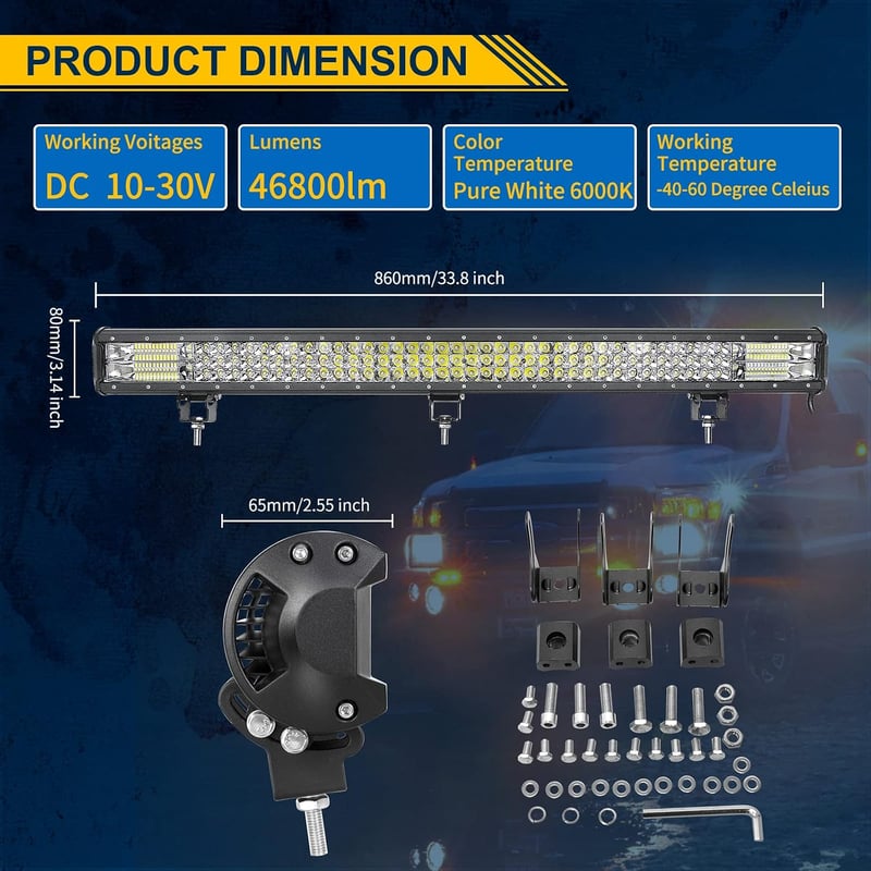 RIGIDON 34 hüvelykes 86 cm 468 W vízálló LED fénysor készlet 12 V kábelköteggel 6000 K fehér off-road fénysáv autóhoz SUV UTV ATV kamion 4x4