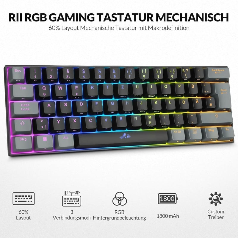 Rii 60% Wireless Mechanikus Gaming Billentyűzet RGB, Red Switch, QWERTZ, Fekete/Szürke