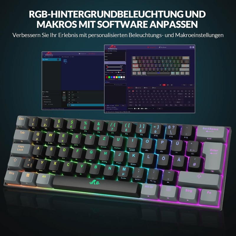 Rii 60% Wireless Mechanikus Gaming Billentyűzet RGB, Red Switch, QWERTZ, Fekete/Szürke