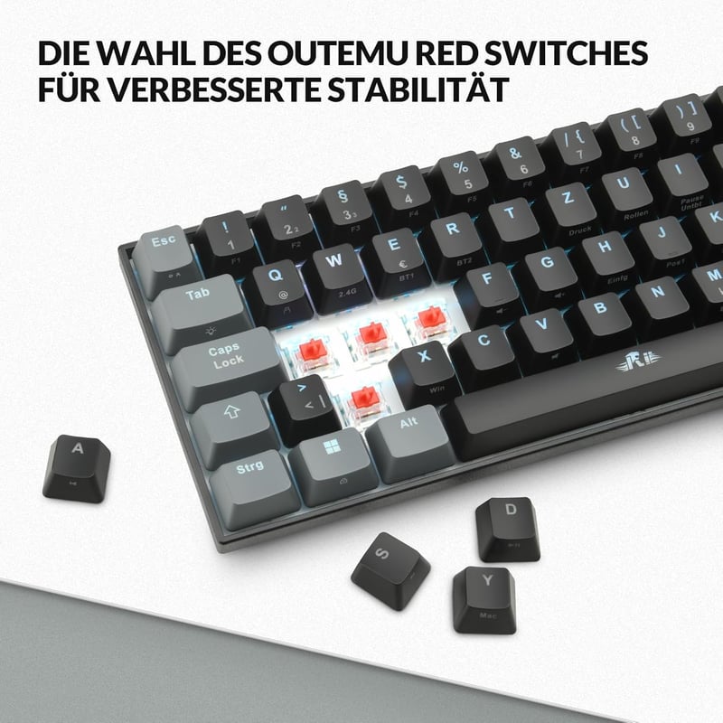 Rii 60% Wireless Mechanikus Gaming Billentyűzet RGB, Red Switch, QWERTZ, Fekete/Szürke