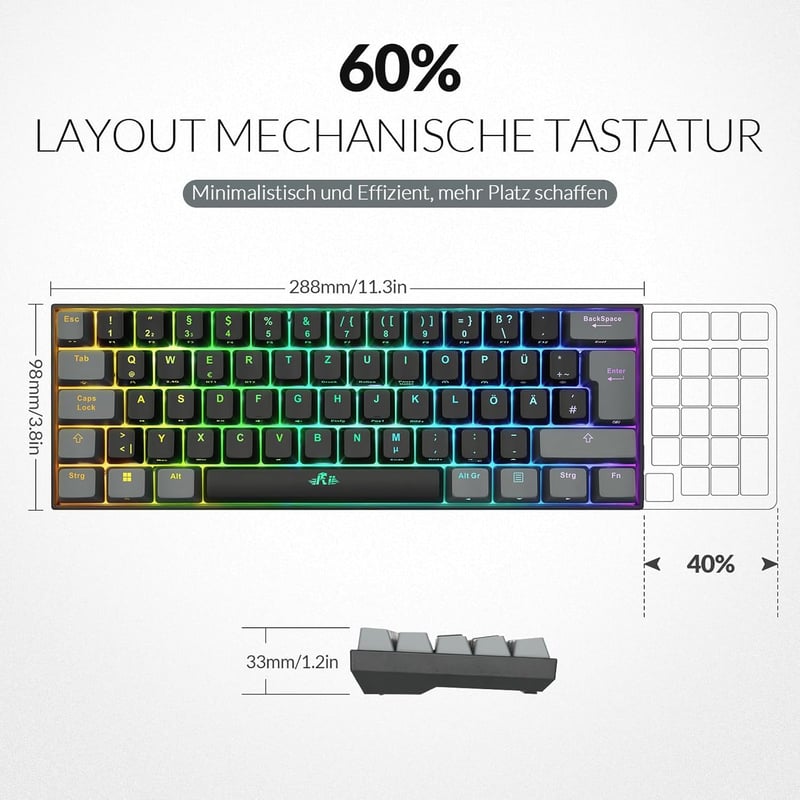 Rii 60% Wireless Mechanikus Gaming Billentyűzet RGB, Red Switch, QWERTZ, Fekete/Szürke
