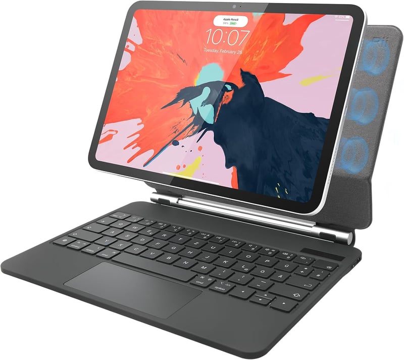 Rii Billentyűzetes Tok iPad 10.9" 2022 10. Generáció - Mágneses Állvány, Trackpad, 7 Színű Háttérvilágítás, QWERTZ, Fekete