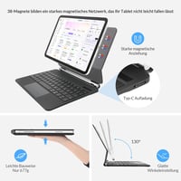 Rii Billentyűzetes Tok iPad 10.9" 2022 10. Generáció - Mágneses Állvány, Trackpad, 7 Színű Háttérvilágítás, QWERTZ, Fekete 5
