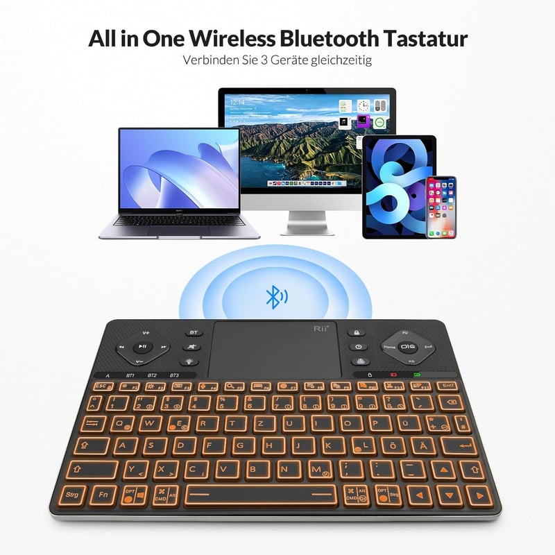 Rii Bluetooth billentyűzet touchpaddal, 12 színű háttérvilágítás, multimédia gombok Smart TV tablet laptop PC-hez fekete