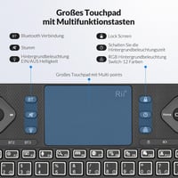 Rii Bluetooth billentyűzet touchpaddal, 12 színű háttérvilágítás, multimédia gombok Smart TV tablet laptop PC-hez fekete 3
