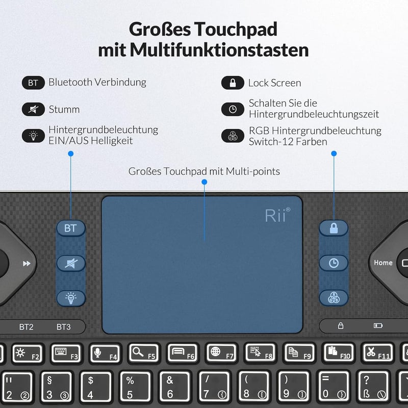 Rii Bluetooth billentyűzet touchpaddal, 12 színű háttérvilágítás, multimédia gombok Smart TV tablet laptop PC-hez fekete