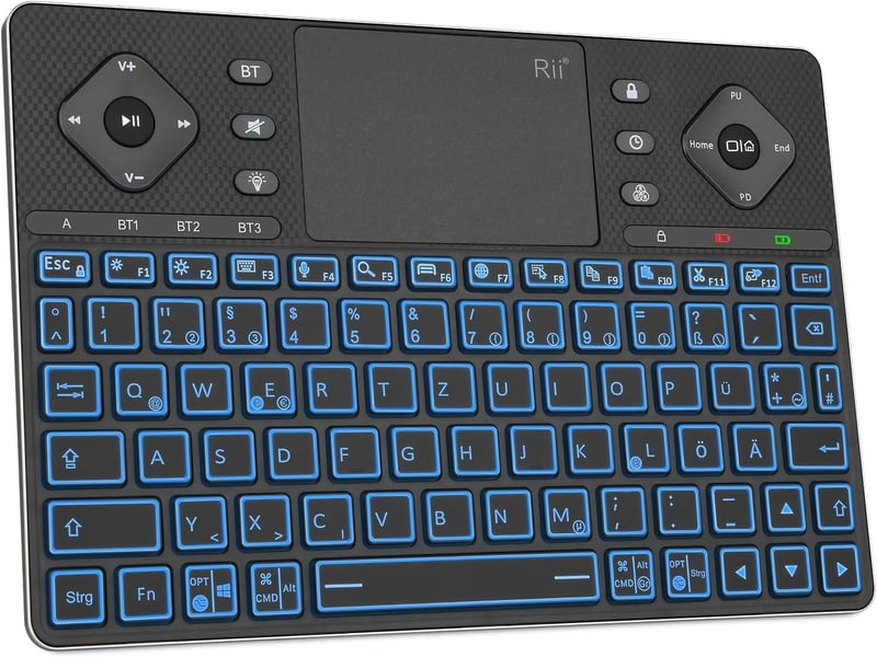 Rii Bluetooth billentyűzet touchpaddal, 12 színű háttérvilágítás, multimédia gombok Smart TV tablet laptop PC-hez fekete