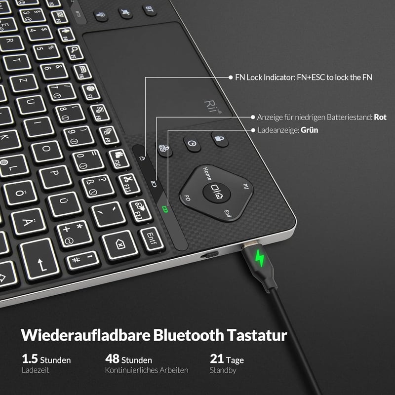 Rii Bluetooth billentyűzet touchpaddal, 12 színű háttérvilágítás, multimédia gombok Smart TV tablet laptop PC-hez fekete