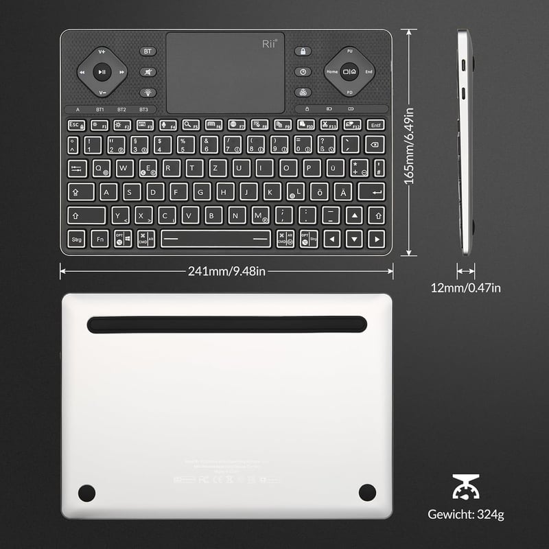 Rii Bluetooth billentyűzet touchpaddal, 12 színű háttérvilágítás, multimédia gombok Smart TV tablet laptop PC-hez fekete