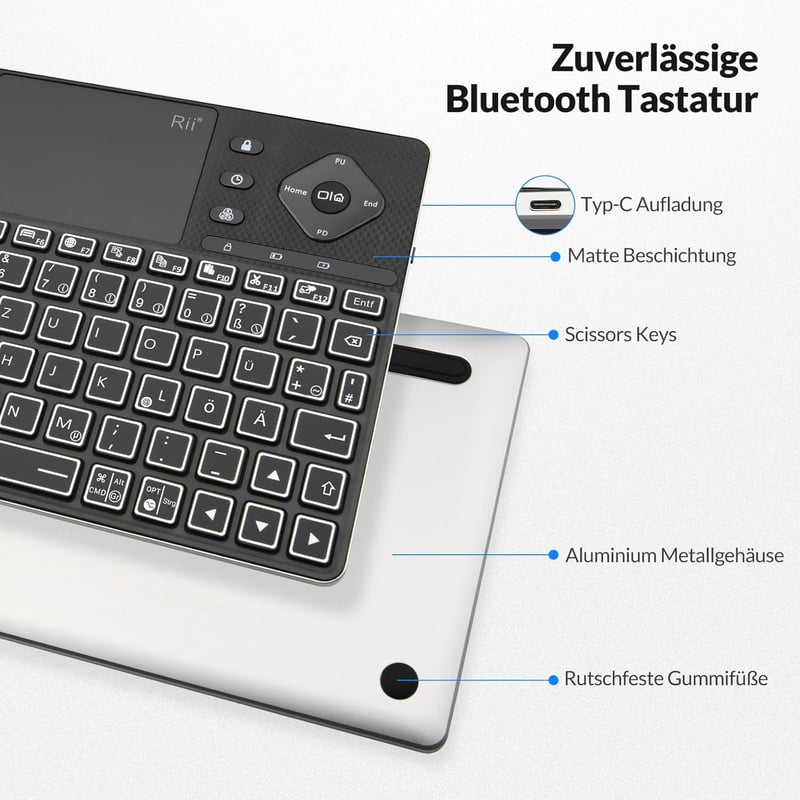 Rii Bluetooth billentyűzet touchpaddal, 12 színű háttérvilágítás, multimédia gombok Smart TV tablet laptop PC-hez fekete